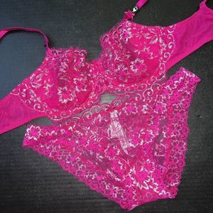 Victoria's Secret unlined 34B,36D BRA SET M,L,XL panty FUCHSIA HOT PINK SILVER